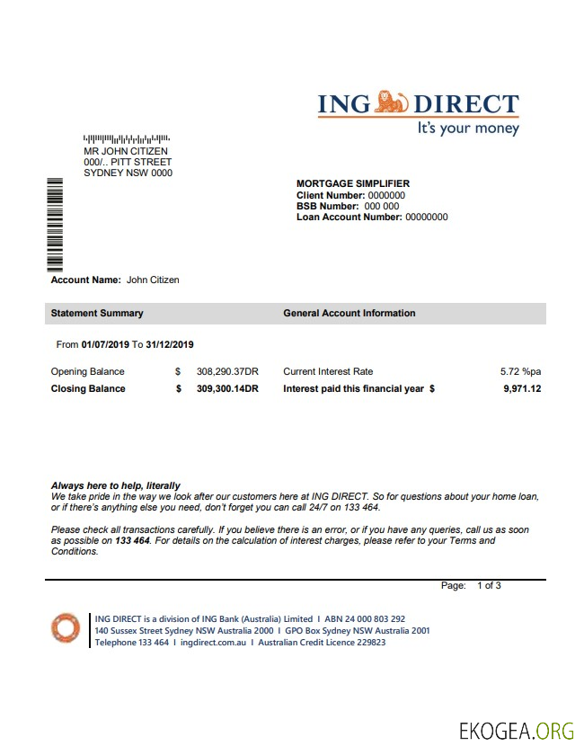 Relevé bancaire ING Direct Australie